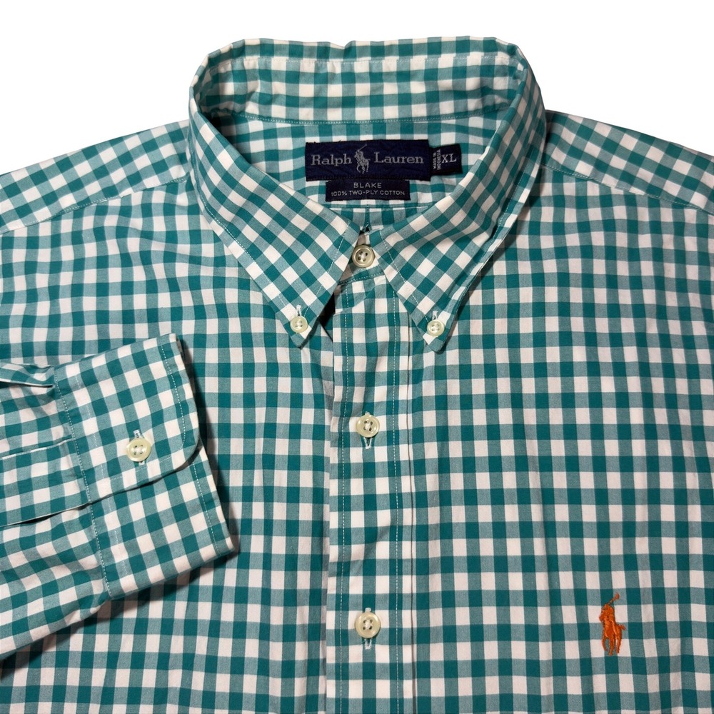 Ralph Lauren Blake Button Down Men XL Green Excellent Gingham Cotton‎ Shirt